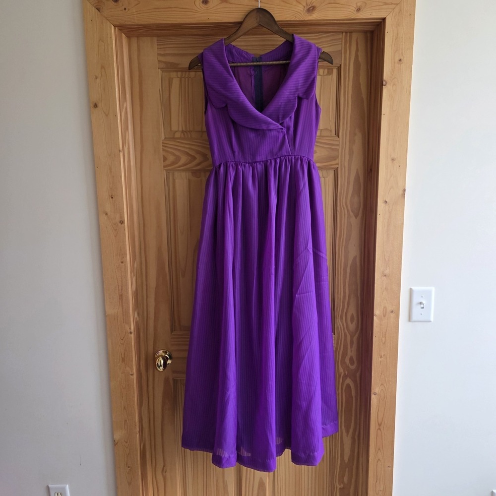 VTG 50's 60s Handmade Purple A Line Dress V Neck‎ Collar Rockabilly Full Swing